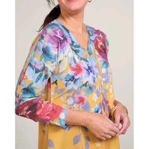 Soft Surroundings Marigold Delphina Floral V-Neck Sweater-Knit Tunic Women L $90